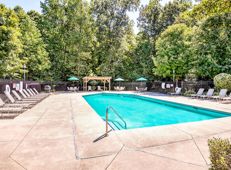 Swimming Pool and Sun Deck with Lounge Chairs Grill and  Pergola Near Treeline